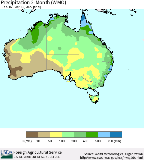 Australia Precipitation 2-Month (WMO) Thematic Map For 1/16/2022 - 3/15/2022