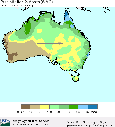 Australia Precipitation 2-Month (WMO) Thematic Map For 1/21/2022 - 3/20/2022