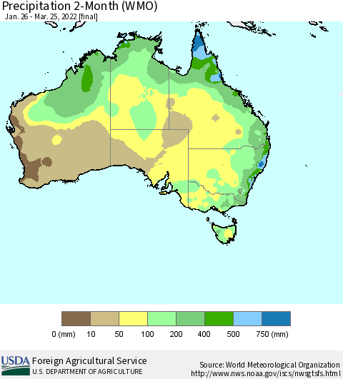 Australia Precipitation 2-Month (WMO) Thematic Map For 1/26/2022 - 3/25/2022