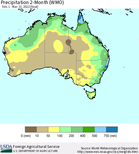 Australia Precipitation 2-Month (WMO) Thematic Map For 2/1/2022 - 3/31/2022