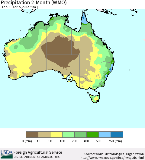 Australia Precipitation 2-Month (WMO) Thematic Map For 2/6/2022 - 4/5/2022