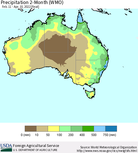 Australia Precipitation 2-Month (WMO) Thematic Map For 2/11/2022 - 4/10/2022