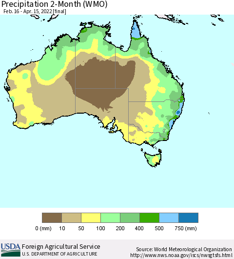 Australia Precipitation 2-Month (WMO) Thematic Map For 2/16/2022 - 4/15/2022