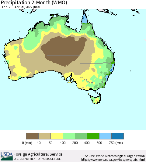 Australia Precipitation 2-Month (WMO) Thematic Map For 2/21/2022 - 4/20/2022