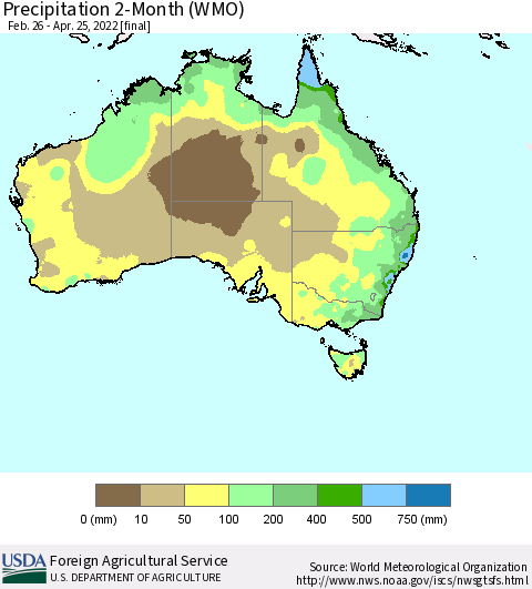Australia Precipitation 2-Month (WMO) Thematic Map For 2/26/2022 - 4/25/2022
