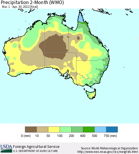 Australia Precipitation 2-Month (WMO) Thematic Map For 3/1/2022 - 4/30/2022