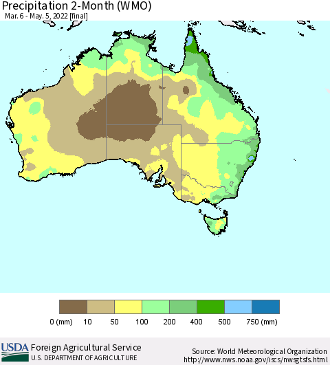 Australia Precipitation 2-Month (WMO) Thematic Map For 3/6/2022 - 5/5/2022