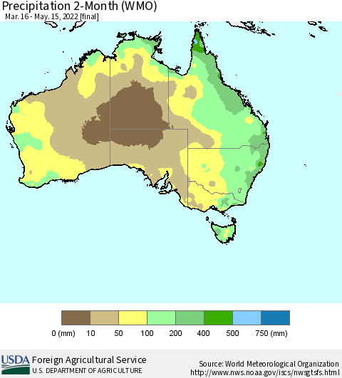 Australia Precipitation 2-Month (WMO) Thematic Map For 3/16/2022 - 5/15/2022