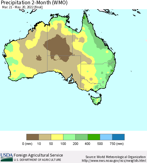 Australia Precipitation 2-Month (WMO) Thematic Map For 3/21/2022 - 5/20/2022