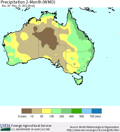 Australia Precipitation 2-Month (WMO) Thematic Map For 3/26/2022 - 5/25/2022