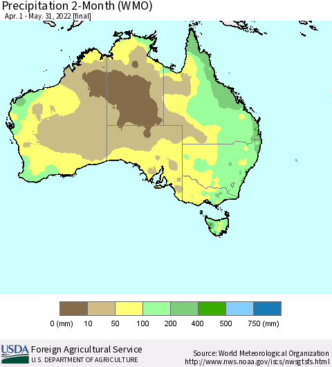 Australia Precipitation 2-Month (WMO) Thematic Map For 4/1/2022 - 5/31/2022