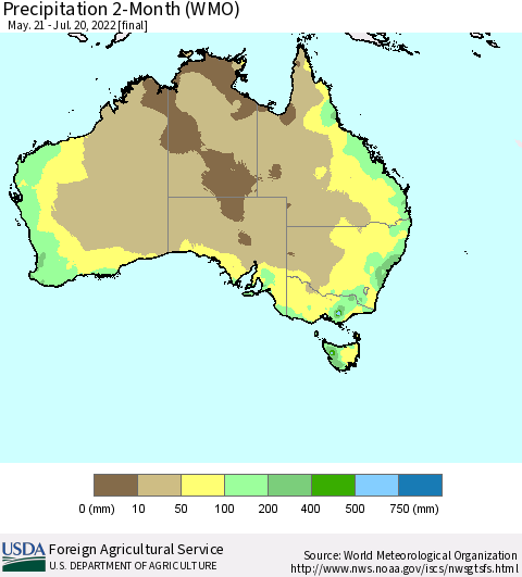 Australia Precipitation 2-Month (WMO) Thematic Map For 5/21/2022 - 7/20/2022