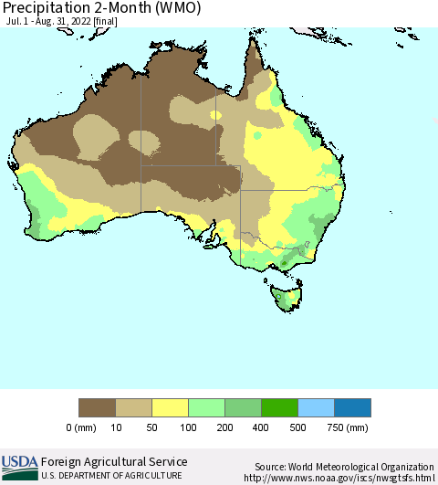 Australia Precipitation 2-Month (WMO) Thematic Map For 7/1/2022 - 8/31/2022