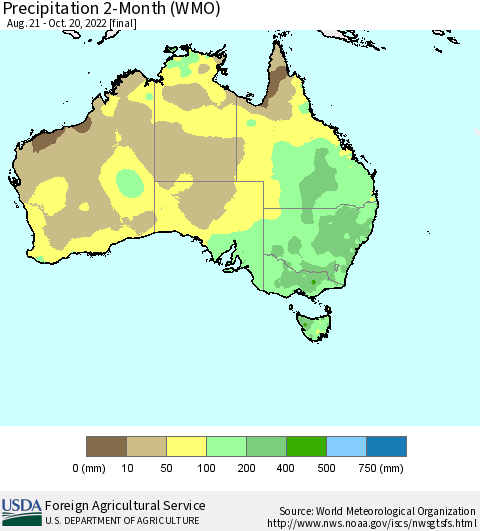 Australia Precipitation 2-Month (WMO) Thematic Map For 8/21/2022 - 10/20/2022