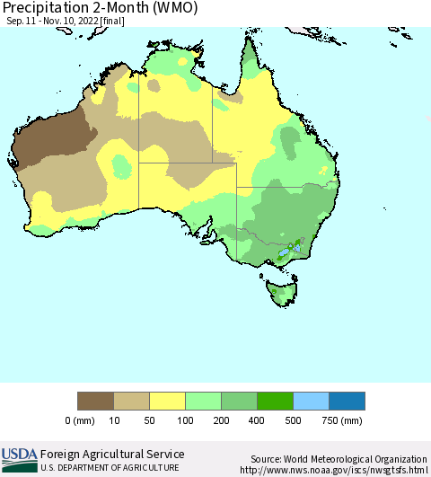 Australia Precipitation 2-Month (WMO) Thematic Map For 9/11/2022 - 11/10/2022