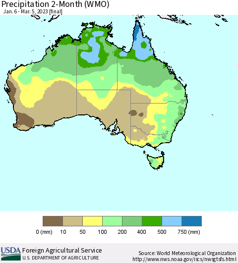 Australia Precipitation 2-Month (WMO) Thematic Map For 1/6/2023 - 3/5/2023