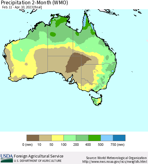 Australia Precipitation 2-Month (WMO) Thematic Map For 2/11/2023 - 4/10/2023