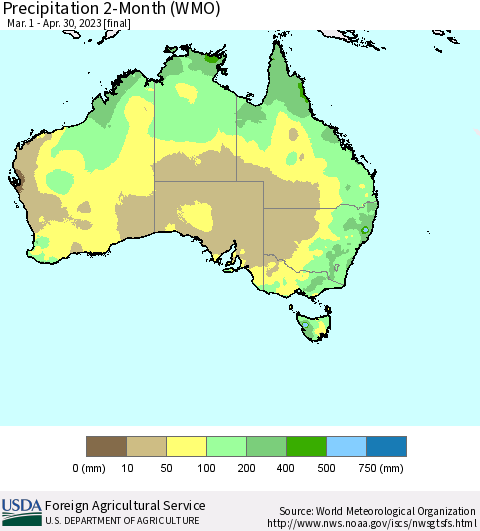 Australia Precipitation 2-Month (WMO) Thematic Map For 3/1/2023 - 4/30/2023