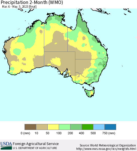 Australia Precipitation 2-Month (WMO) Thematic Map For 3/6/2023 - 5/5/2023