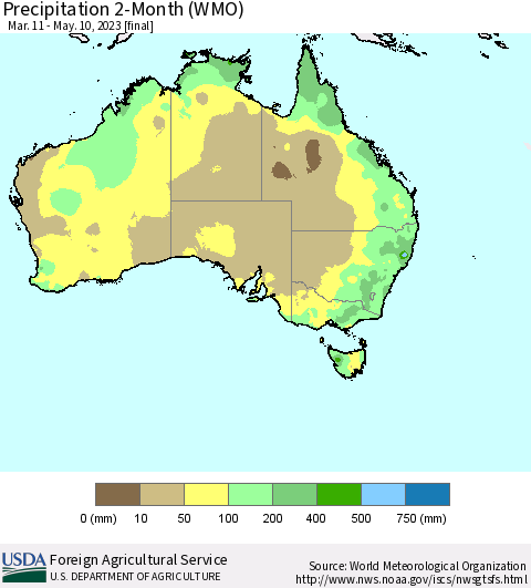 Australia Precipitation 2-Month (WMO) Thematic Map For 3/11/2023 - 5/10/2023