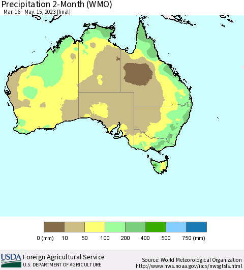 Australia Precipitation 2-Month (WMO) Thematic Map For 3/16/2023 - 5/15/2023