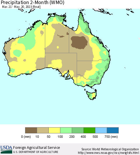 Australia Precipitation 2-Month (WMO) Thematic Map For 3/21/2023 - 5/20/2023