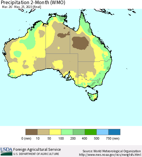 Australia Precipitation 2-Month (WMO) Thematic Map For 3/26/2023 - 5/25/2023