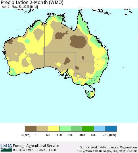 Australia Precipitation 2-Month (WMO) Thematic Map For 4/1/2023 - 5/31/2023