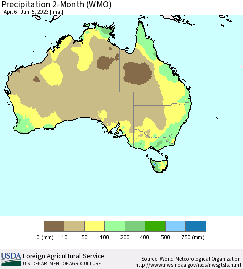 Australia Precipitation 2-Month (WMO) Thematic Map For 4/6/2023 - 6/5/2023