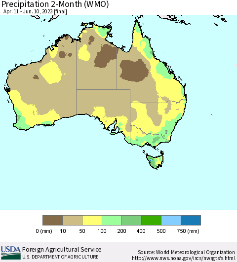 Australia Precipitation 2-Month (WMO) Thematic Map For 4/11/2023 - 6/10/2023