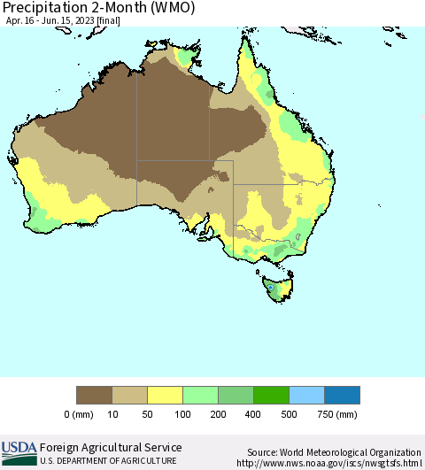 Australia Precipitation 2-Month (WMO) Thematic Map For 4/16/2023 - 6/15/2023