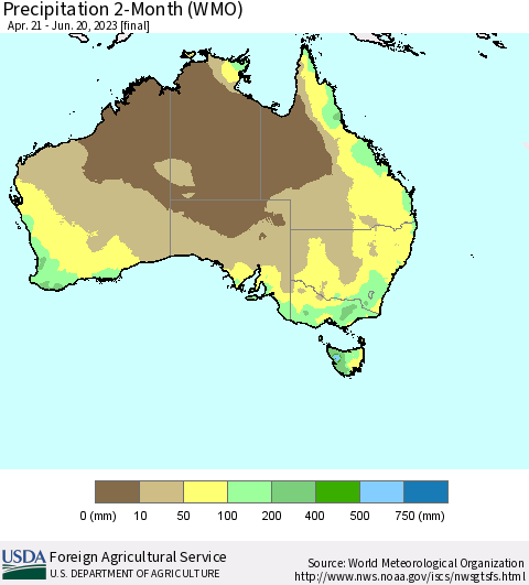 Australia Precipitation 2-Month (WMO) Thematic Map For 4/21/2023 - 6/20/2023