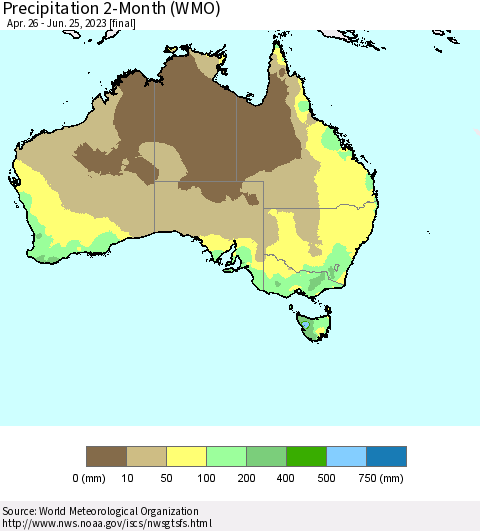 Australia Precipitation 2-Month (WMO) Thematic Map For 4/26/2023 - 6/25/2023