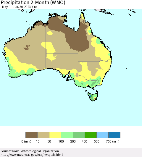 Australia Precipitation 2-Month (WMO) Thematic Map For 5/1/2023 - 6/30/2023