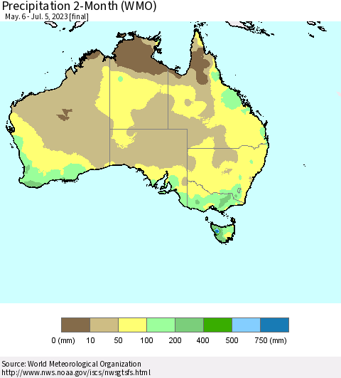 Australia Precipitation 2-Month (WMO) Thematic Map For 5/6/2023 - 7/5/2023