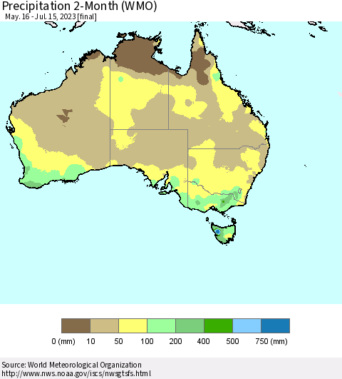 Australia Precipitation 2-Month (WMO) Thematic Map For 5/16/2023 - 7/15/2023