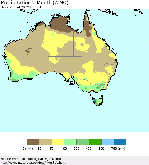 Australia Precipitation 2-Month (WMO) Thematic Map For 5/21/2023 - 7/20/2023
