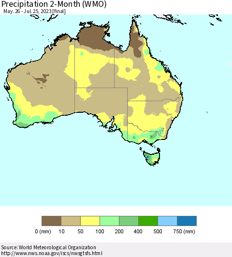 Australia Precipitation 2-Month (WMO) Thematic Map For 5/26/2023 - 7/25/2023