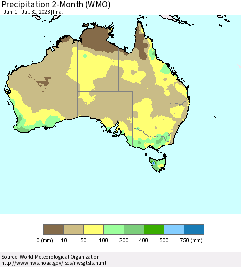Australia Precipitation 2-Month (WMO) Thematic Map For 6/1/2023 - 7/31/2023