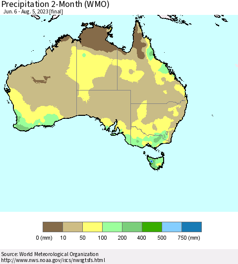 Australia Precipitation 2-Month (WMO) Thematic Map For 6/6/2023 - 8/5/2023