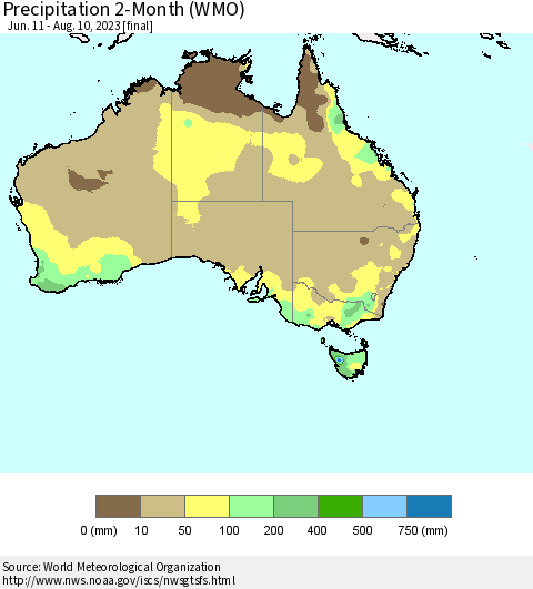 Australia Precipitation 2-Month (WMO) Thematic Map For 6/11/2023 - 8/10/2023