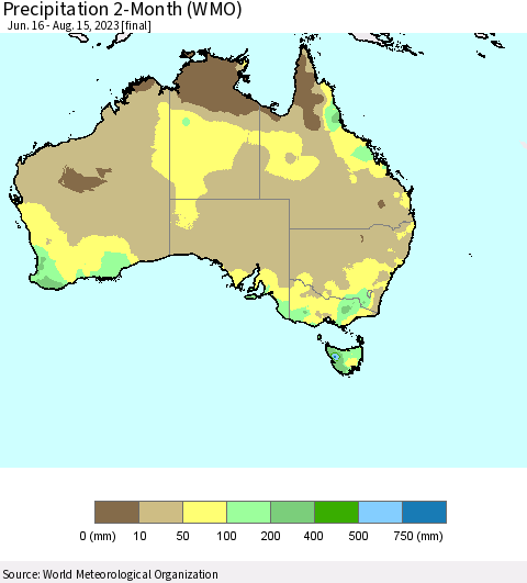 Australia Precipitation 2-Month (WMO) Thematic Map For 6/16/2023 - 8/15/2023