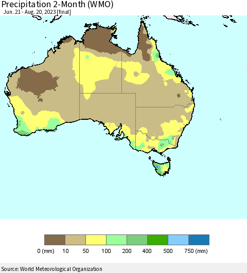 Australia Precipitation 2-Month (WMO) Thematic Map For 6/21/2023 - 8/20/2023