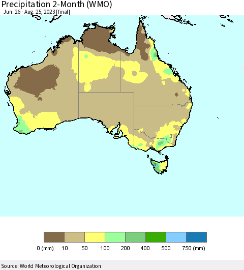 Australia Precipitation 2-Month (WMO) Thematic Map For 6/26/2023 - 8/25/2023