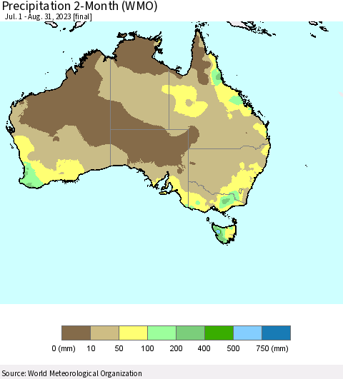 Australia Precipitation 2-Month (WMO) Thematic Map For 7/1/2023 - 8/31/2023