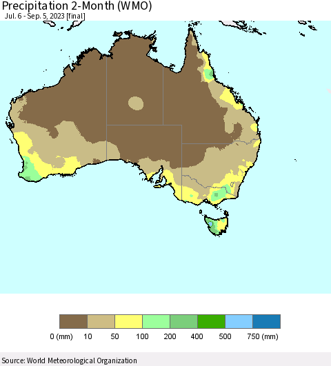Australia Precipitation 2-Month (WMO) Thematic Map For 7/6/2023 - 9/5/2023