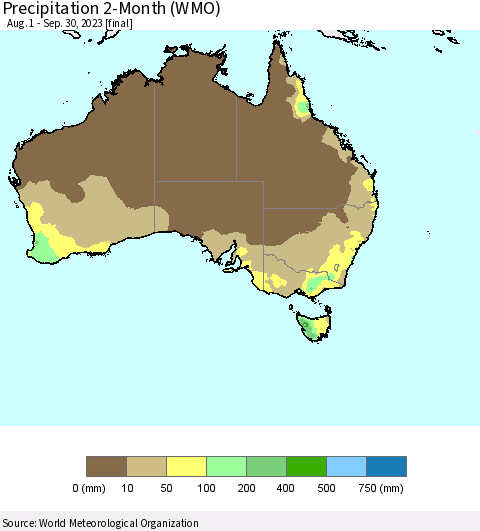 Australia Precipitation 2-Month (WMO) Thematic Map For 8/1/2023 - 9/30/2023