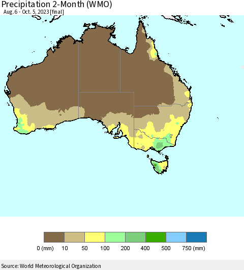 Australia Precipitation 2-Month (WMO) Thematic Map For 8/6/2023 - 10/5/2023