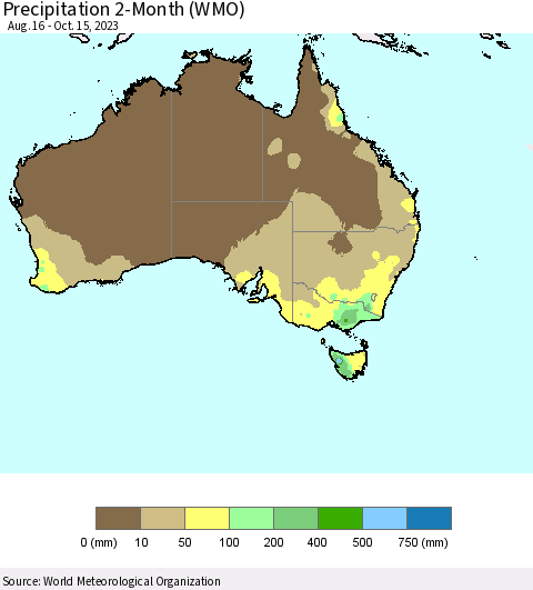 Australia Precipitation 2-Month (WMO) Thematic Map For 8/16/2023 - 10/15/2023