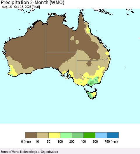 Australia Precipitation 2-Month (WMO) Thematic Map For 8/16/2023 - 10/15/2023